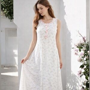 White Vintage Sleeveless Lace Dress with Pink Accent Bows S coquette cottage